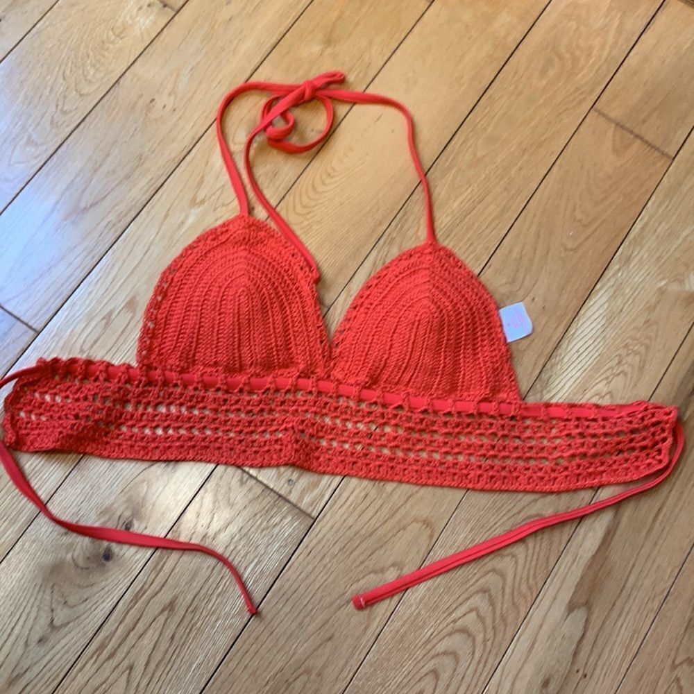 Xhilaration Halter sz MED Crochet Triangle Bikini Top Orange